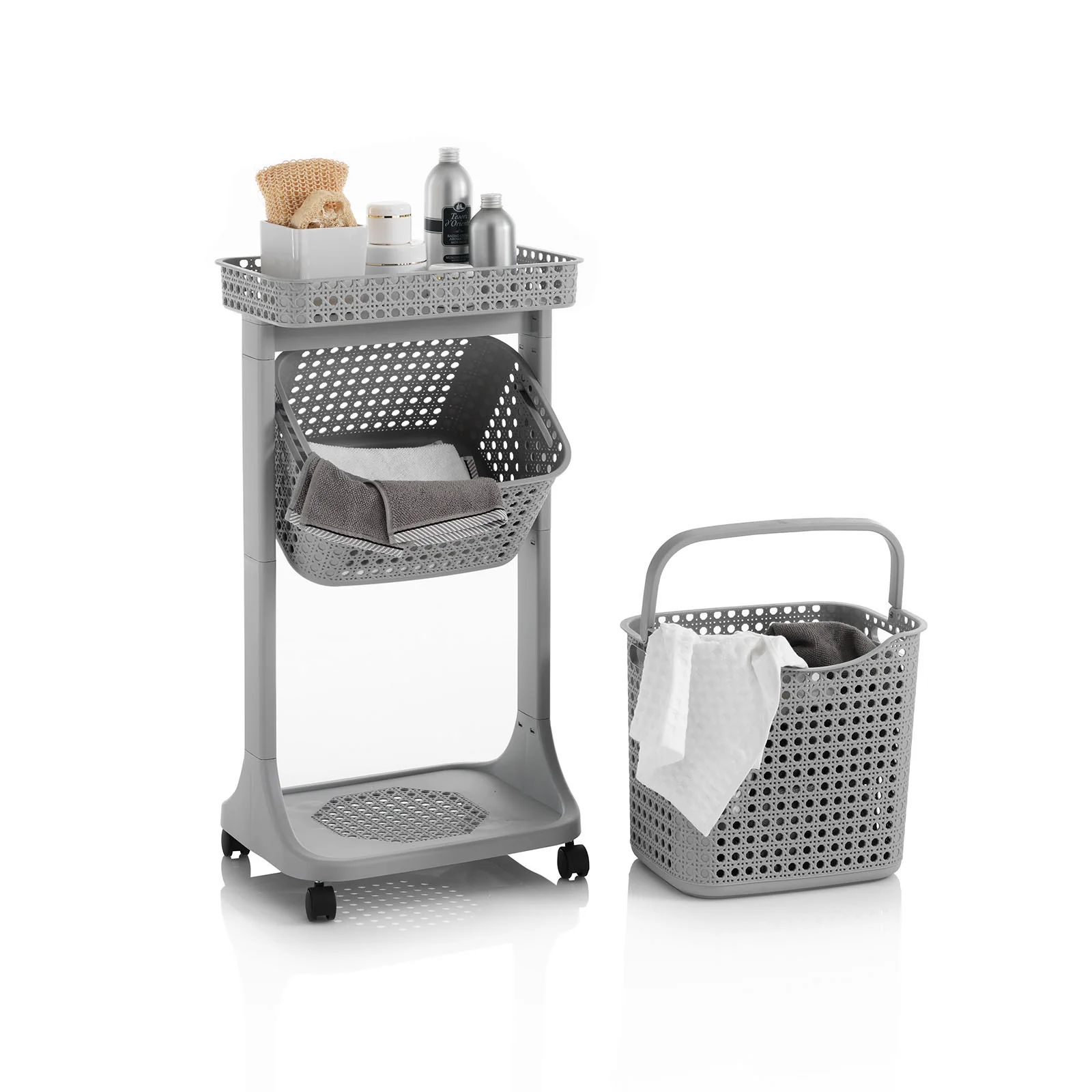 Carrello lavanderia 2 cesti HUY grigio cesto basso - Image 3
