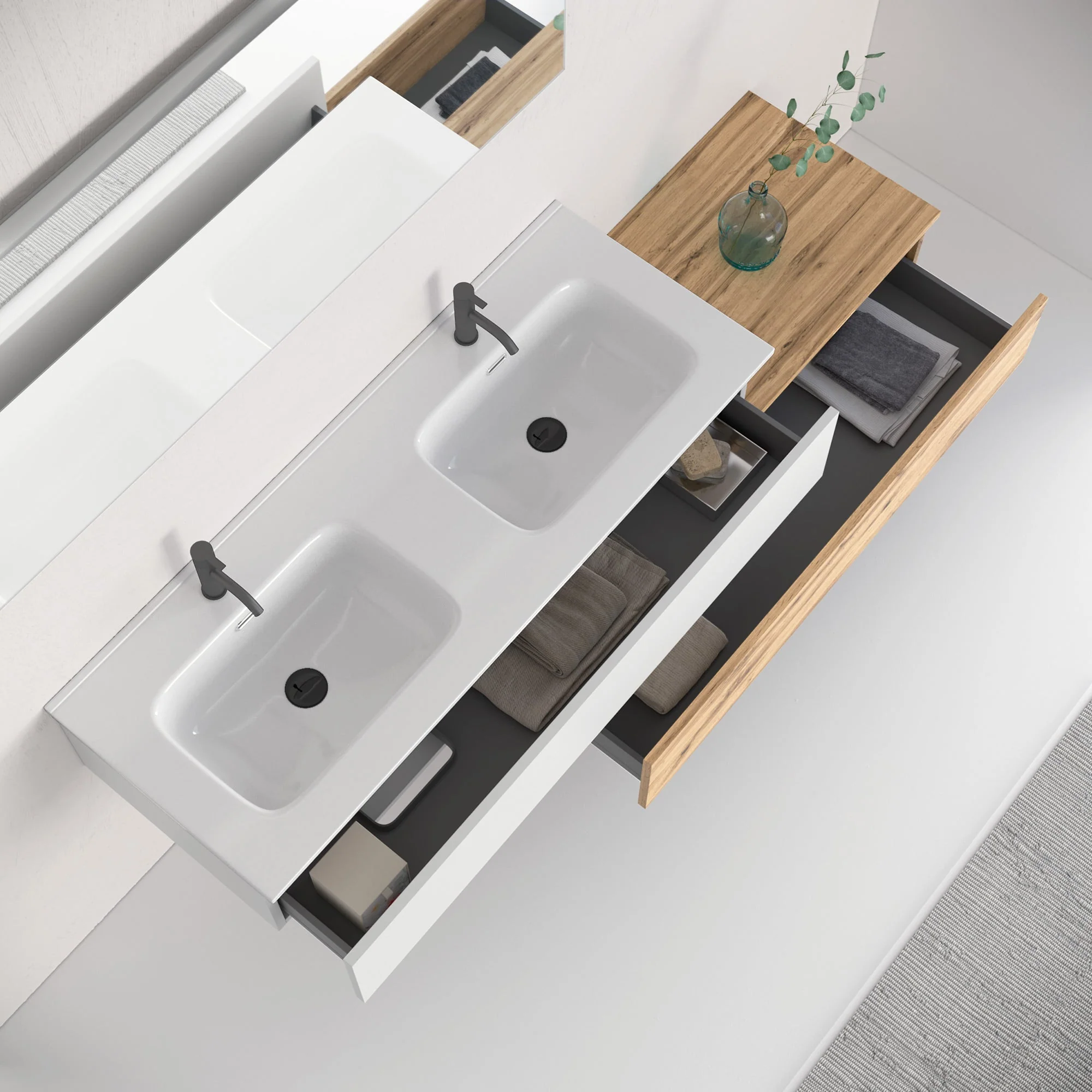 Composizione doppio lavabo 4 pezzi YOKA bianco / quercia - Image 2