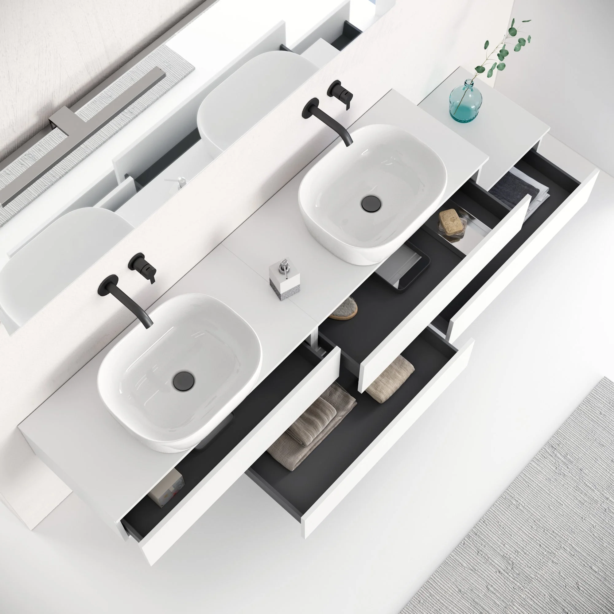 Composizione doppio lavabo 9 pezzi YOKA bianco opaco - Image 2