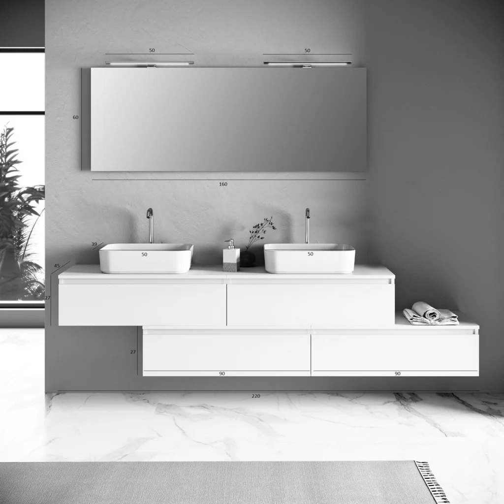 Composizione doppio lavabo 9 pezzi YOKA bianco lavabo rettangolare - Image 7