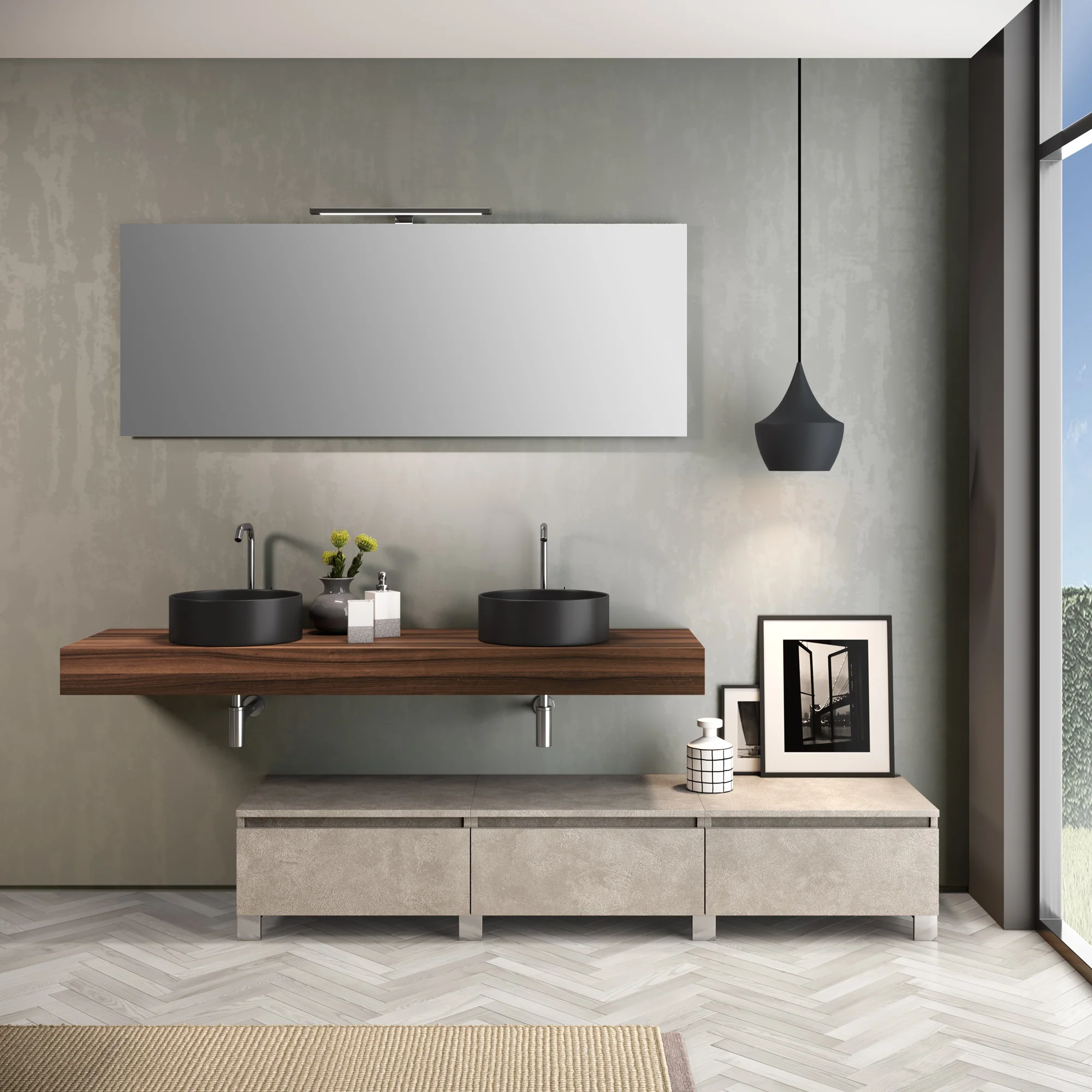 Composizione doppio lavabo 9 pezzi YOKA noce/avana pietra
