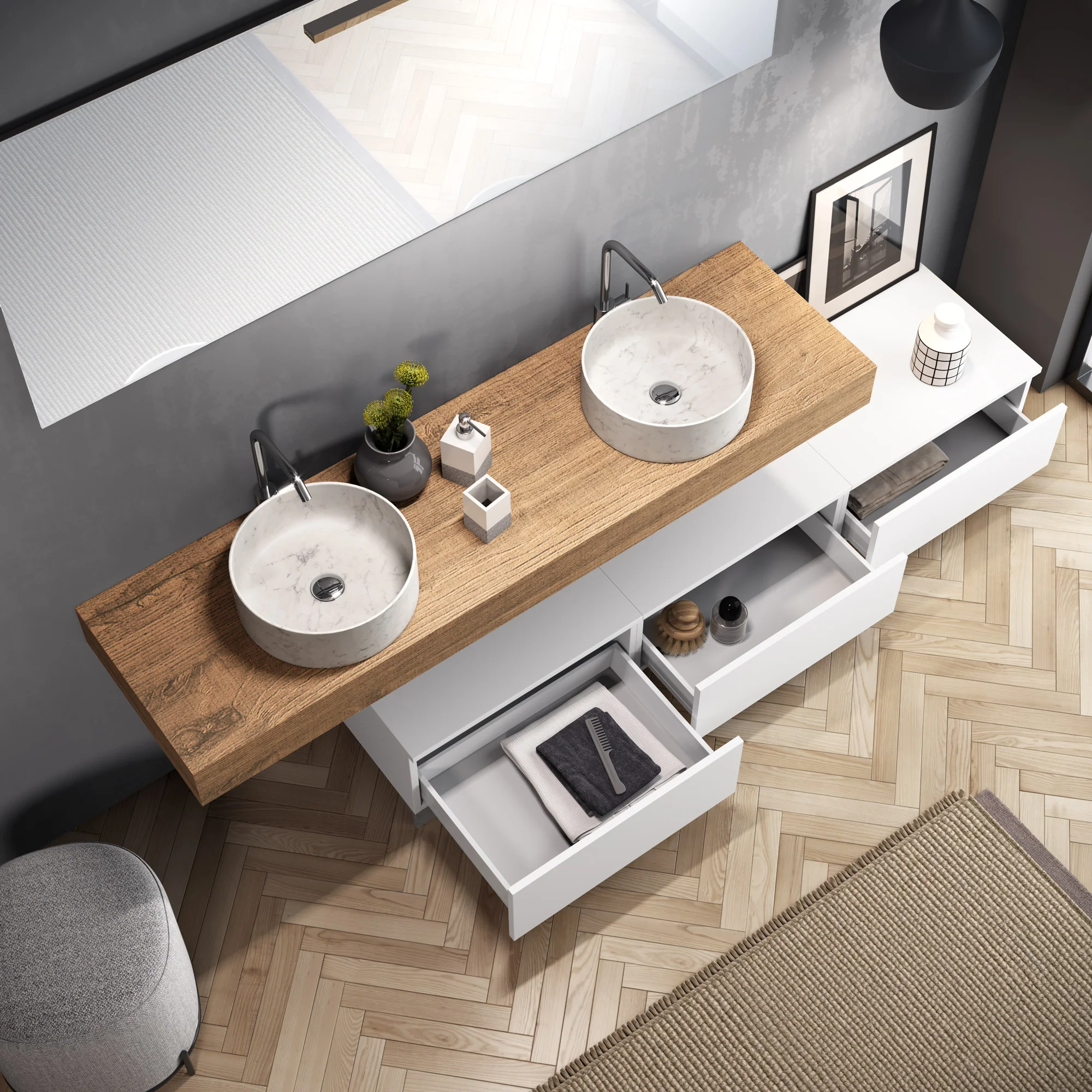 Composizione doppio lavabo 9 pezzi YOKA rovere miele/bianco opaco - Image 2